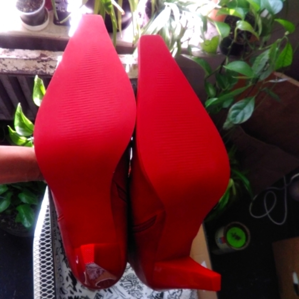 Dolls Kill Red Pointed-Toe Mid-Calf Heeled Boots - Picture 3 of 16